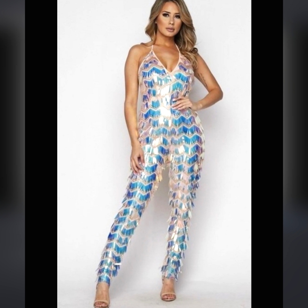 GLARE HOLOGRAPHIC SEQUIN JUMPSUIT SZ L